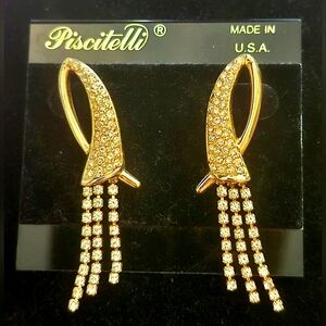 Vintage PISCITELLI Rhinestone Dangle Pierced Earrings NWT